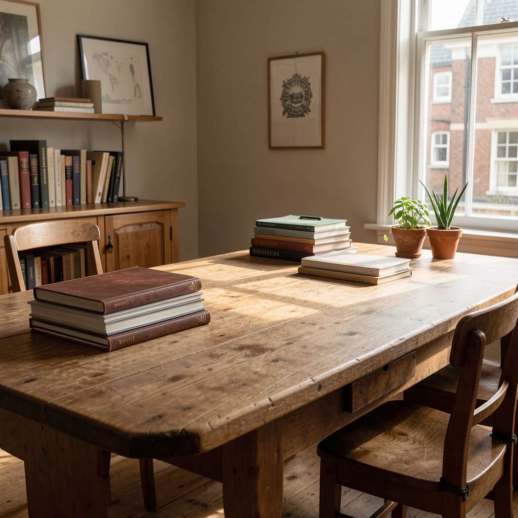 The editorial workspace of Lorvane Dispatch in London, a quiet room with wooden surfaces, stacked notebooks, and afternoon light falling across a large table