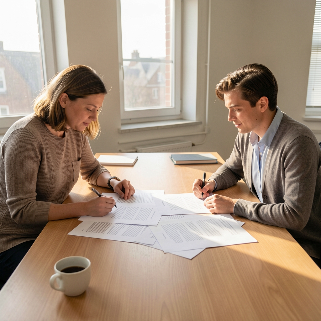 Two editors reviewing printed article drafts on a large table, afternoon light from a window, sparse and focused working environment
