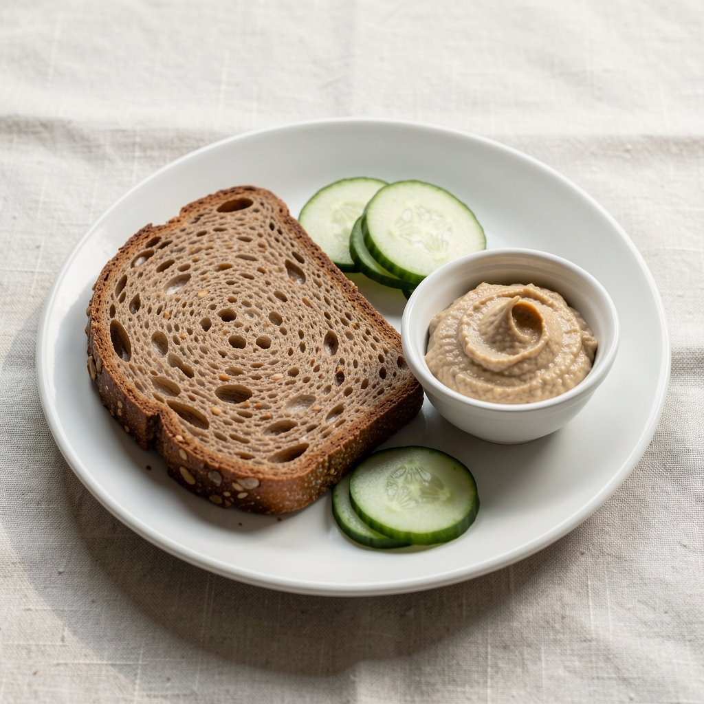 Close-up of a balanced lunch plate with whole grain bread, sliced cucumber, and a small dish of hummus on a pale linen surface in natural daylight