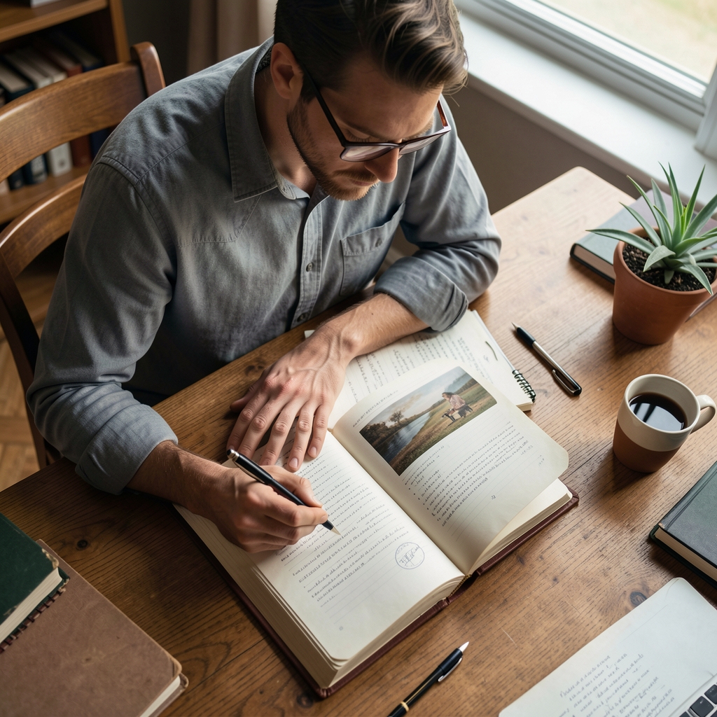 Overhead editorial photograph of a writer's desk with an open notebook, a glass of water, and half a eaten lunch on a ceramic plate, afternoon light from a nearby window