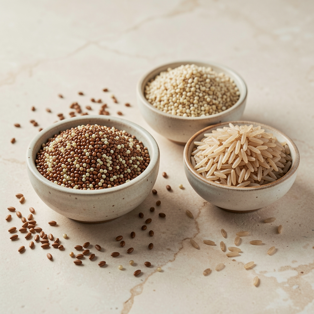 Arrangement of whole grains including farro, quinoa, and brown rice in small ceramic bowls on a pale stone surface, editorial food photography style