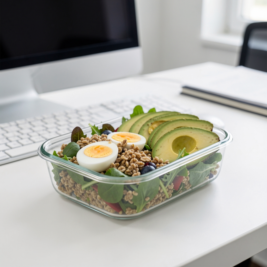 Editorial still life of a balanced work lunch with wholegrain salad, hard-boiled egg, and sliced avocado in a glass container on a white office desk