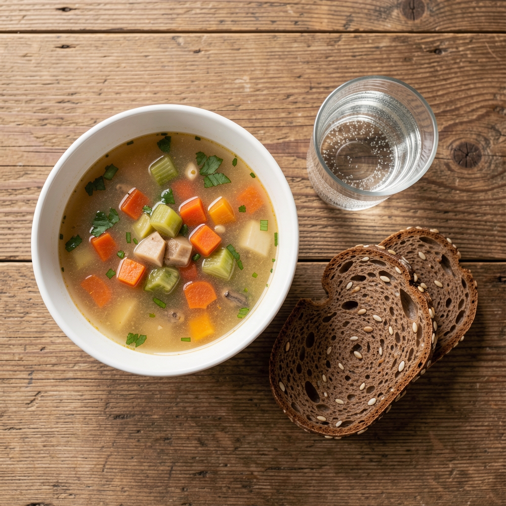 Simple lunch spread on a wooden table viewed from above: a bowl of seasonal soup, a slice of seeded rye bread, and a small glass of sparkling water, photographed in natural light