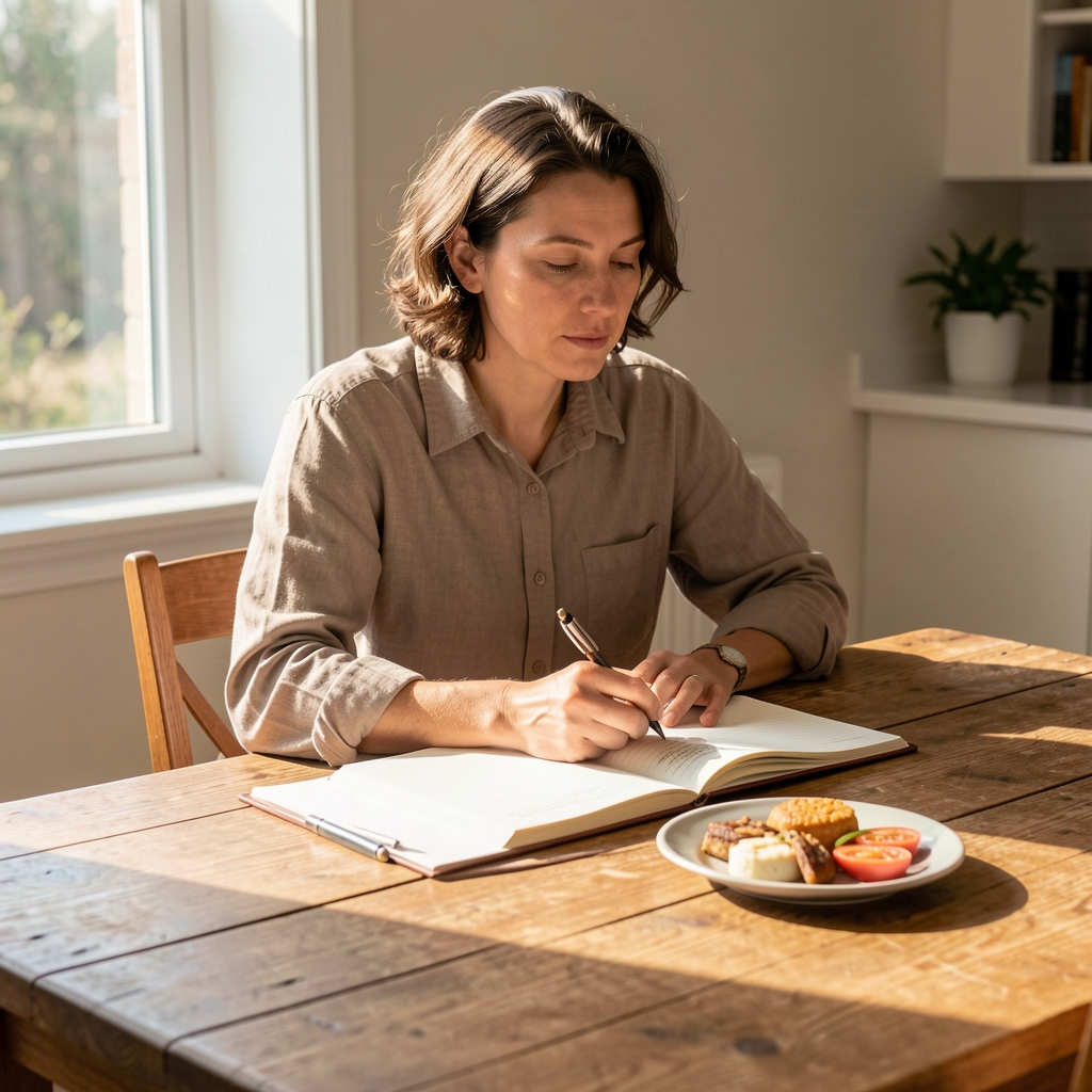 Person sitting calmly at a sunlit wooden table with an open notebook and a small plate of food, not hurrying, mid-afternoon editorial still life