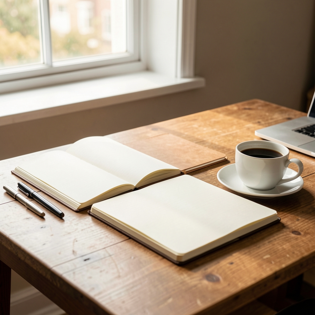 Editorial desk with open notebooks, a cup of coffee, and natural morning light filtering through a window